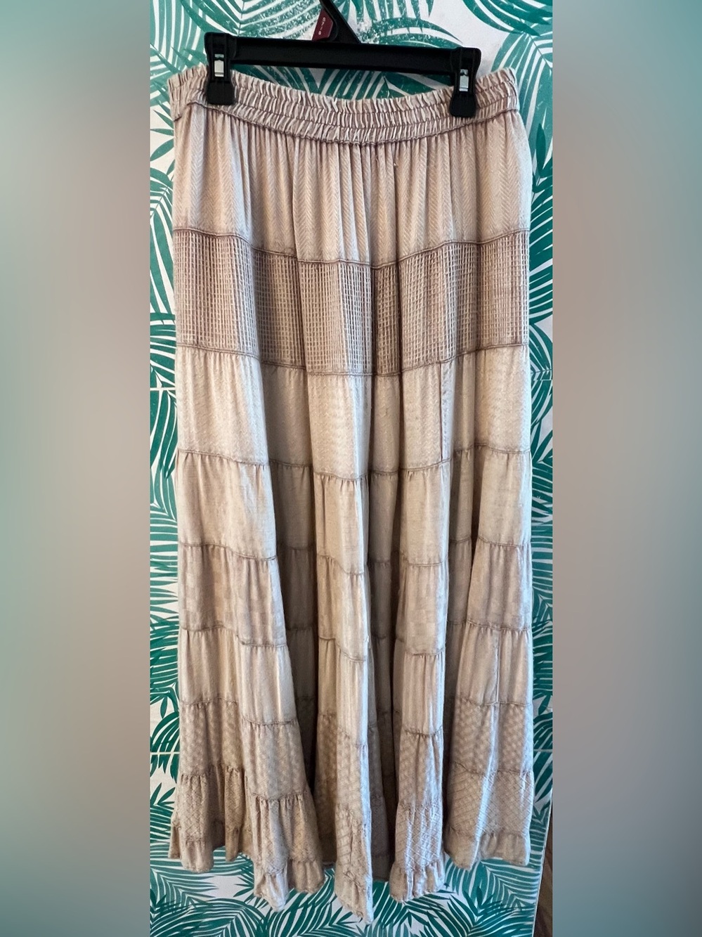Sacred Threads Beige multi paneled Tiered Maxi Skirt w/ elastic waist one size